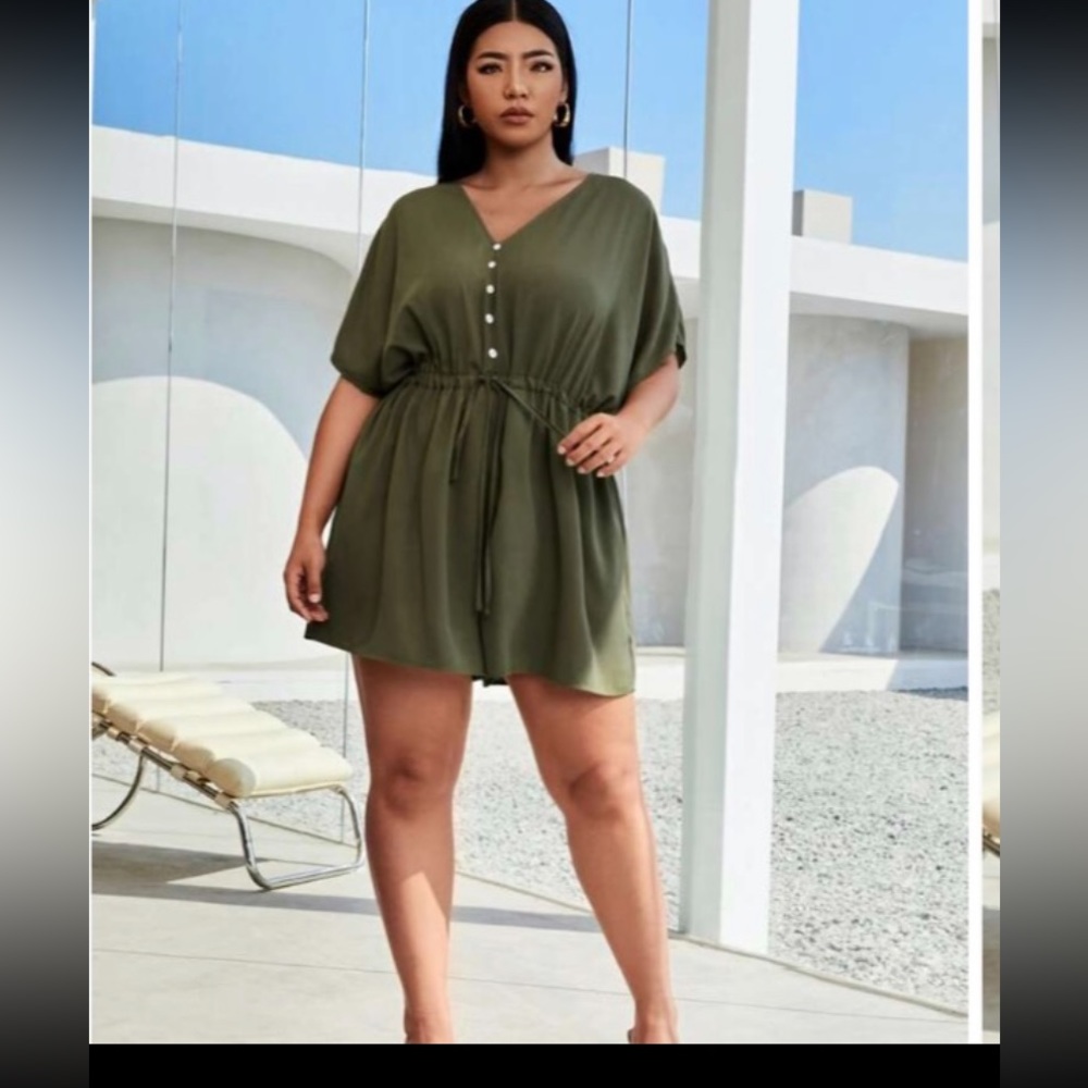 Women’s Plus Size Clothing Olive Green Romper V-Neck Drawstring Waist Size 0XL